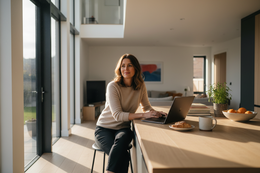 A woman working from home on a laptop in a bright modern British home — representing the flexibility of a family protection adviser career with That's Family Finance