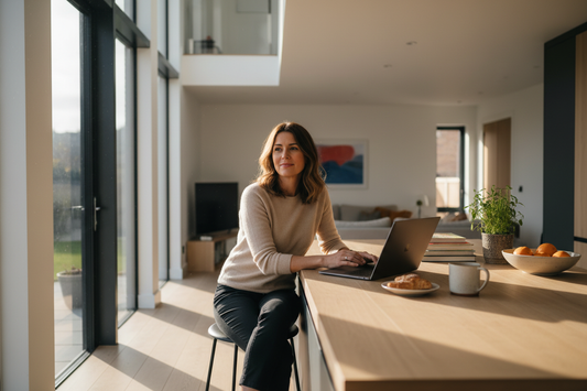 A woman working from home on a laptop in a bright modern British home — representing the flexibility of a family protection adviser career with That's Family Finance