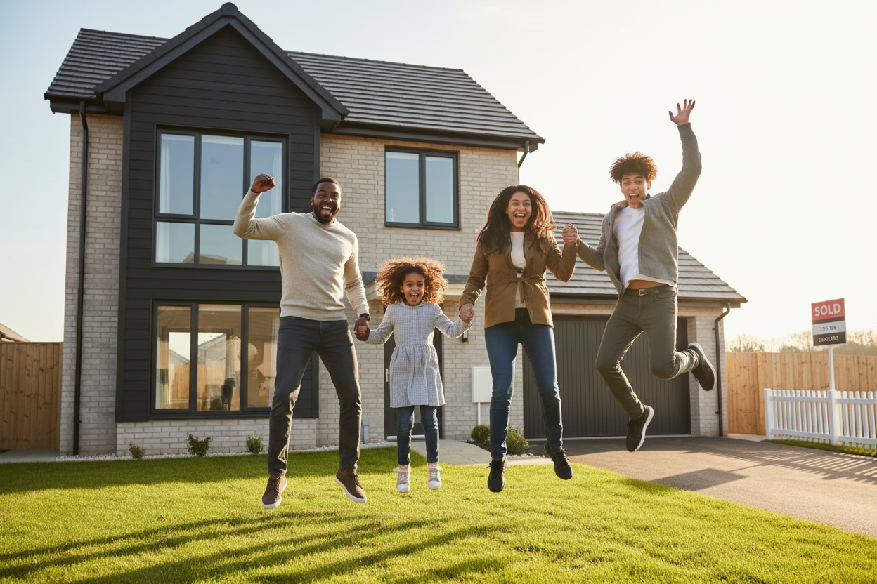 Happy mixed race family jumping for joy buying home