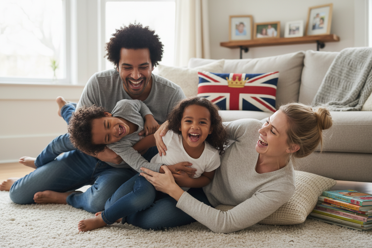 Mixed race dad, white mum, two kids, really laughing, having fun, playing, british cushion in background