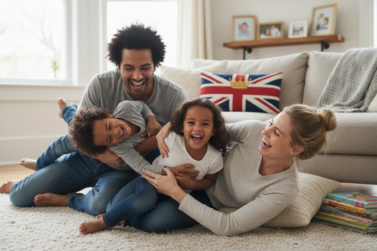 Mixed race dad, white mum, two kids, really laughing, having fun, playing, british cushion in background